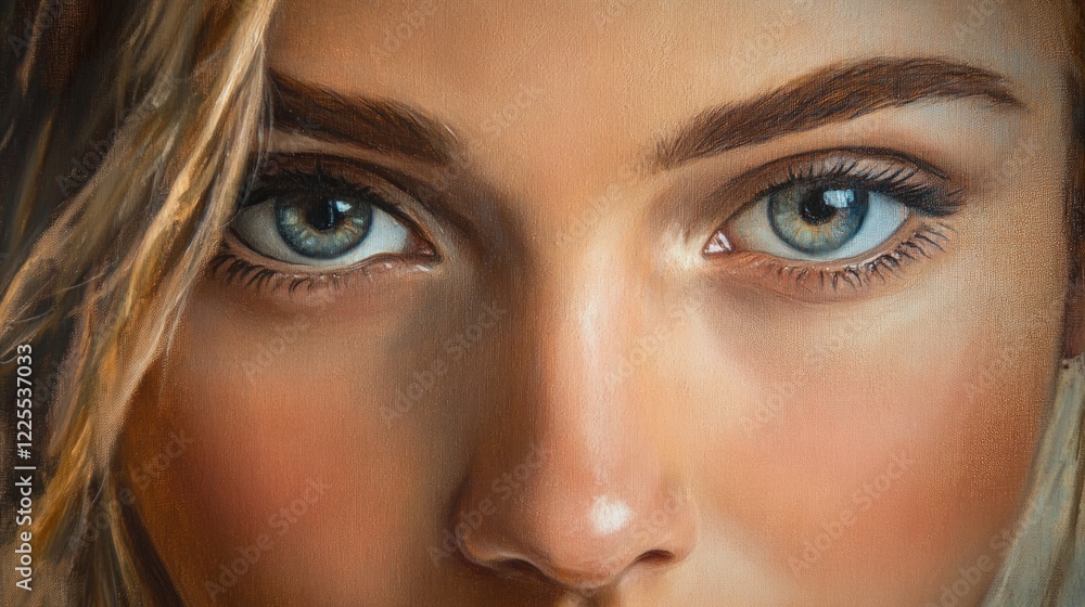 Fototapeta premium Captivating portrait of a young woman highlighting her striking blue eyes and natural beauty against a soft, artistic background.