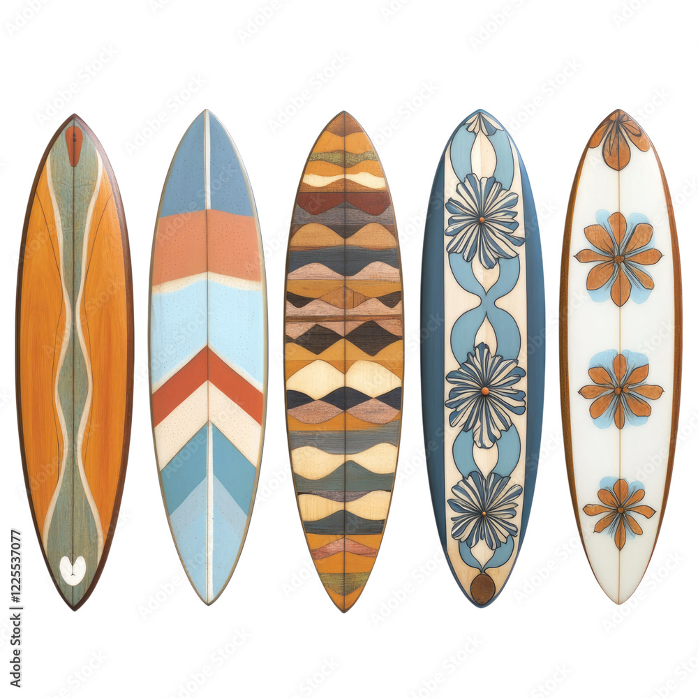 A series of surfboards with different patterns and colors, each standing upright against a white background. transparent, alpha background png A series of surfboards with different patterns and colors, each standing upright against a white background. transparent, alpha background png