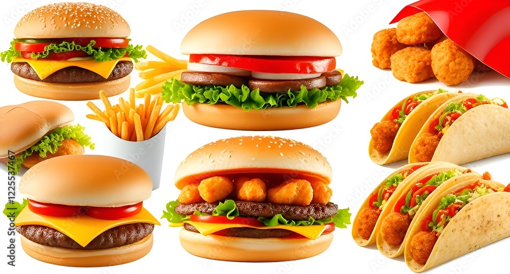 A collage of American burgers. Different kinds, with different toppings and sauces, appetizing look. A collage of American burgers. Different kinds, with different toppings and sauces, appetizing look.