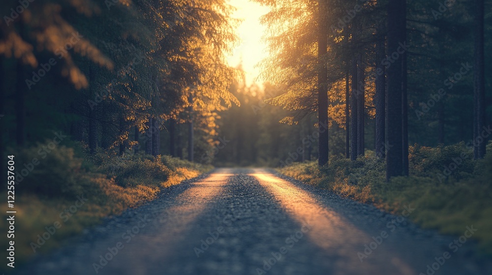 A forest road with sunlight streaming through the branches, casting a warm golden glow. A forest road with sunlight streaming through the branches, casting a warm golden glow.