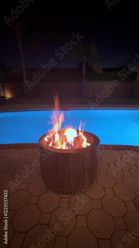Bonfire by a pool at night