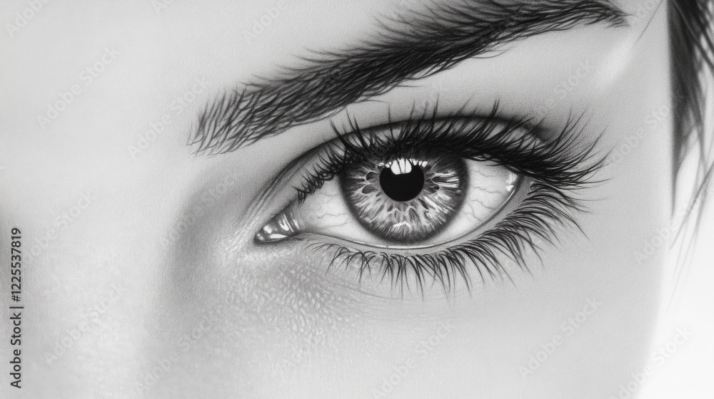 Obraz premium Captivating close-up of a woman's eye showcasing intricate details and expressive beauty in monochrome tones.