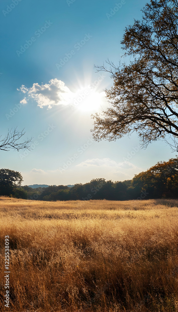 Sunlit vast open field with dry grass and trees - Sunlit vast open field with dry grass and trees -