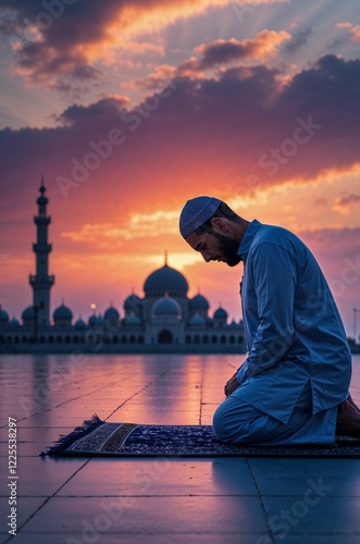 A man kneeling on a prayer mat in deep reflection, dressed in traditional attire, with a grand mosque and a dramatic sunset sky in the background, symbolizing faith and devotion.