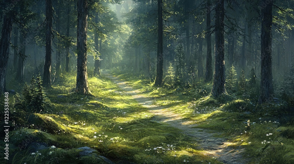 Obraz premium A serene forest path winding through tall trees, dappled sunlight and soft moss underfoot, tranquil mood 