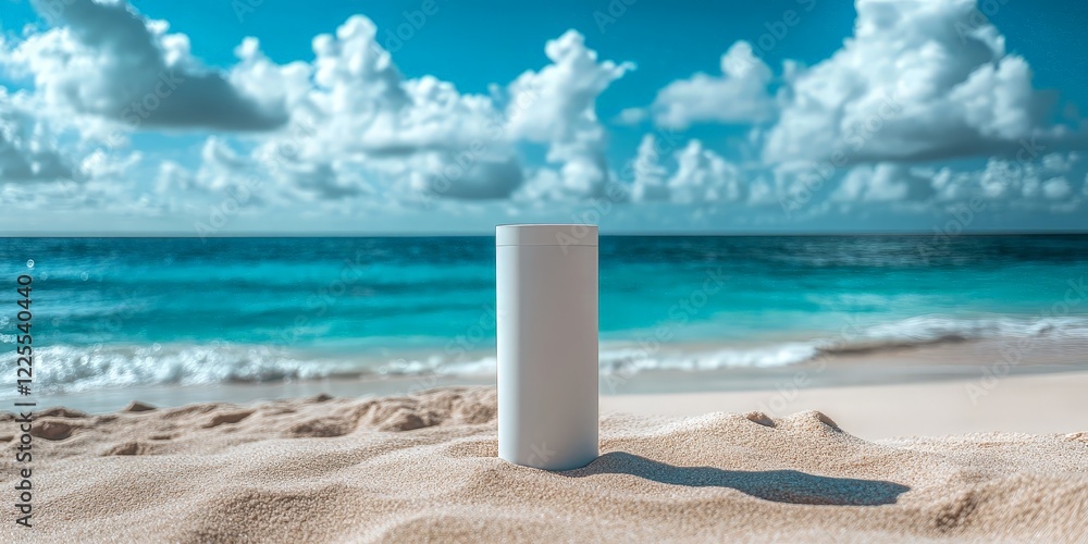 A minimalist sunscreen bottle on a sandy beach with a serene blue ocean in the background, promoting skincare and summer vacation vibes. A minimalist sunscreen bottle on a sandy beach with a serene blue ocean in the background, promoting skincare and summer vacation vibes.