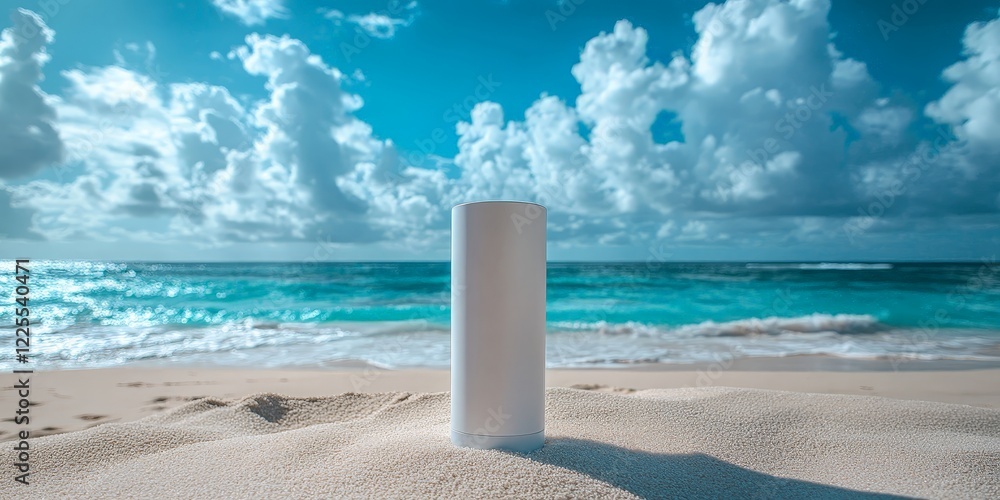 A minimalist sunscreen bottle on a sandy beach with a serene blue ocean in the background, promoting skincare and summer vacation vibes. A minimalist sunscreen bottle on a sandy beach with a serene blue ocean in the background, promoting skincare and summer vacation vibes.