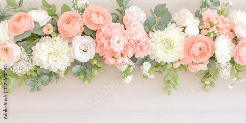 A horizontal floral garland with lush pastel flowers and greenery, perfect for table decor or events.