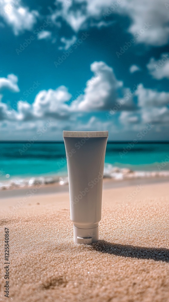 A minimalist sunscreen bottle on a sandy beach with a serene blue ocean in the background, promoting skincare and summer vacation vibes. A minimalist sunscreen bottle on a sandy beach with a serene blue ocean in the background, promoting skincare and summer vacation vibes.