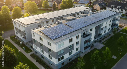 Aerial View of Modern Apartment Building with Solar Panels on Roof
