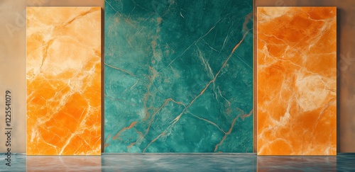 Vibrant Onyx Triptych: Three panels of richly veined onyx in sunset orange and teal, showcasing their luxurious textures and captivating color variations. photo