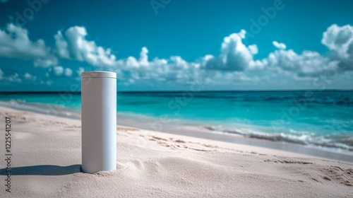 A minimalist sunscreen bottle on a sandy beach with a serene blue ocean in the background, promoting skincare and summer vacation vibes.
