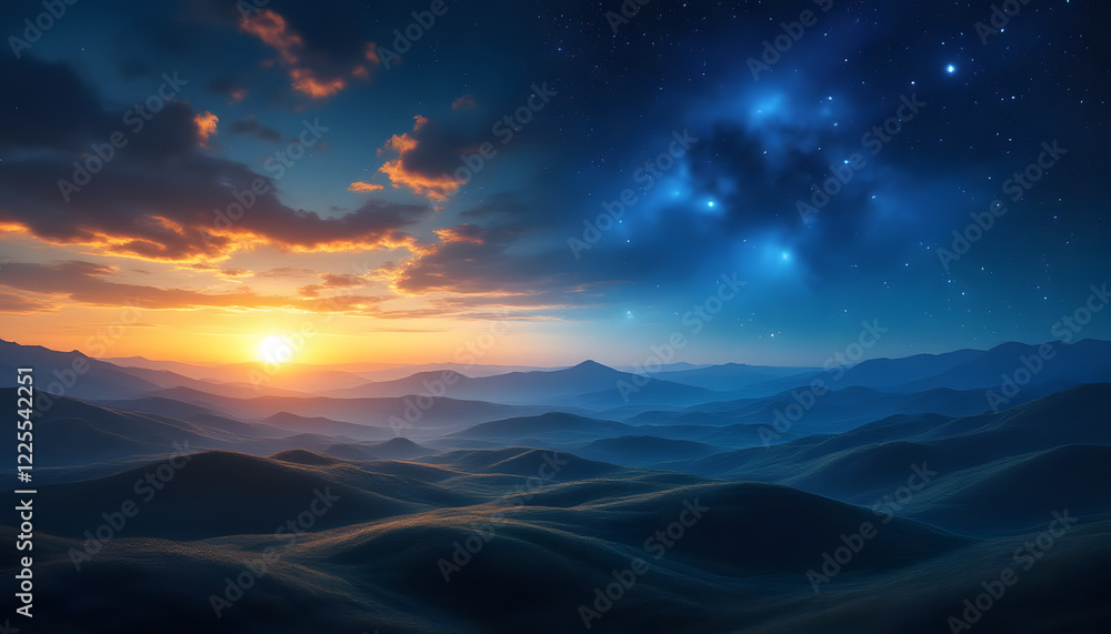Fototapeta premium Balance of day and night, surreal sunset and transition of the sky of stars, luminous orange and blue horizon over serene hills
