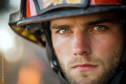 Generative AI Portrait of a Dedicated Firefighter with Intense Expression Highlighting Courage and Bravery photo