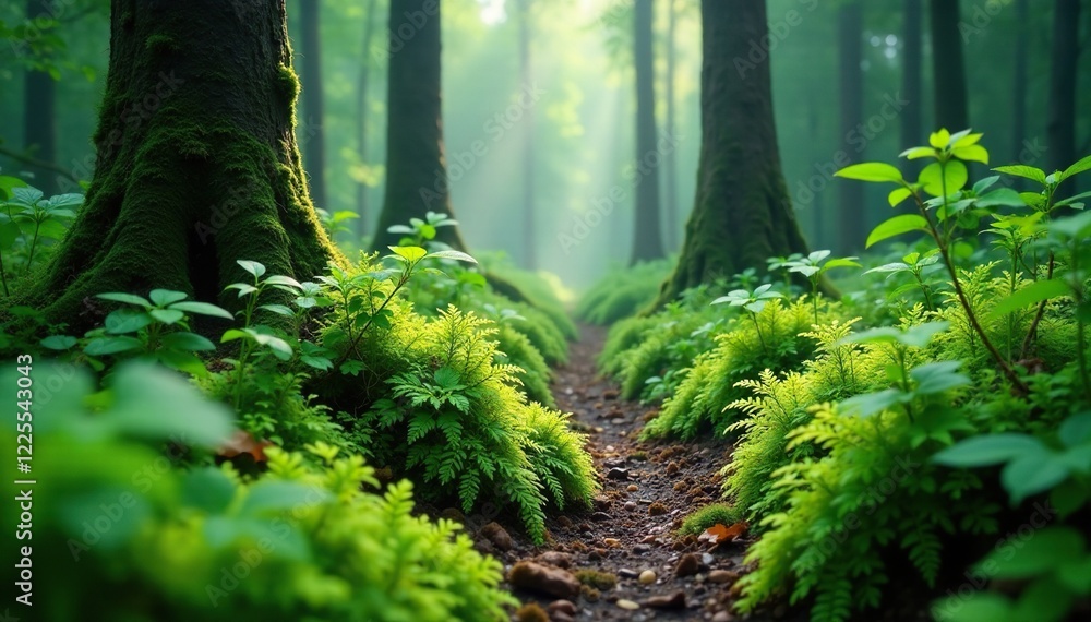 Fototapeta premium Dense ferns and moss carpet a misty forest floor, moss, woodland