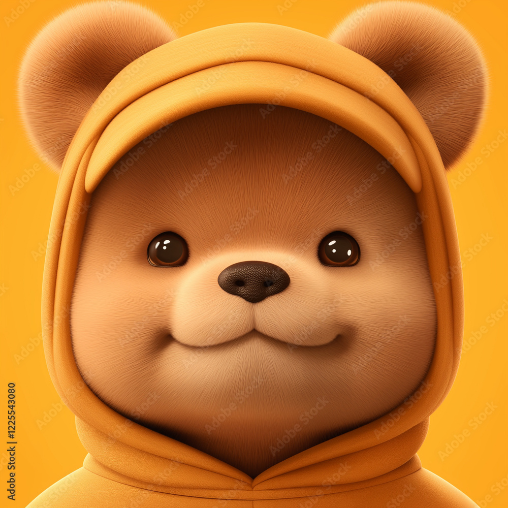 Naklejka premium 3D Teddy bear in orange hood on orange backdrop, illustration