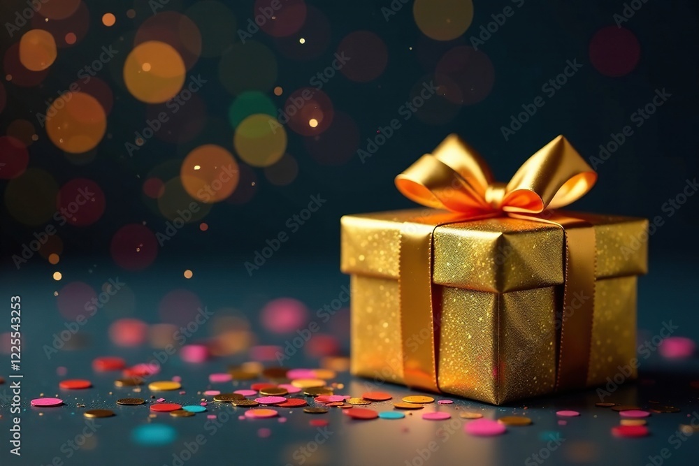 Golden gift box with colorful confetti in a dark bokeh background, holiday, festive Golden gift box with colorful confetti in a dark bokeh background, holiday, festive