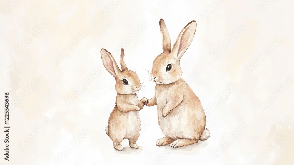 Obraz premium Watercolor, cute and adorable baby bunny standing next to mother rabbit, holding hands. Clipart vector illustration on a white background, with a soft beige color tone
