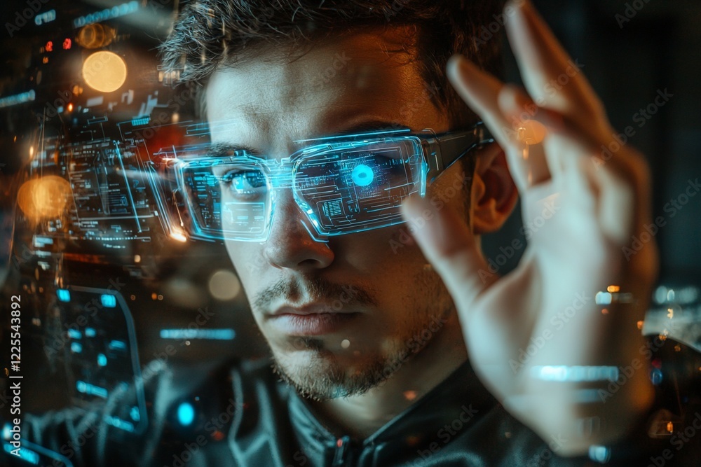 Young man wearing futuristic augmented reality glasses, interacting with holographic interface in urban setting Young man wearing futuristic augmented reality glasses, interacting with holographic interface in urban setting