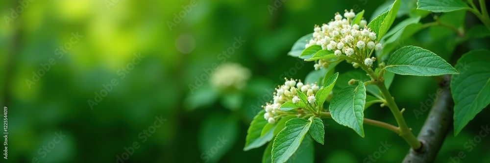 Woody shrub with fragrant foliage and small white flowers, plant, ledum, botanical Woody shrub with fragrant foliage and small white flowers, plant, ledum, botanical