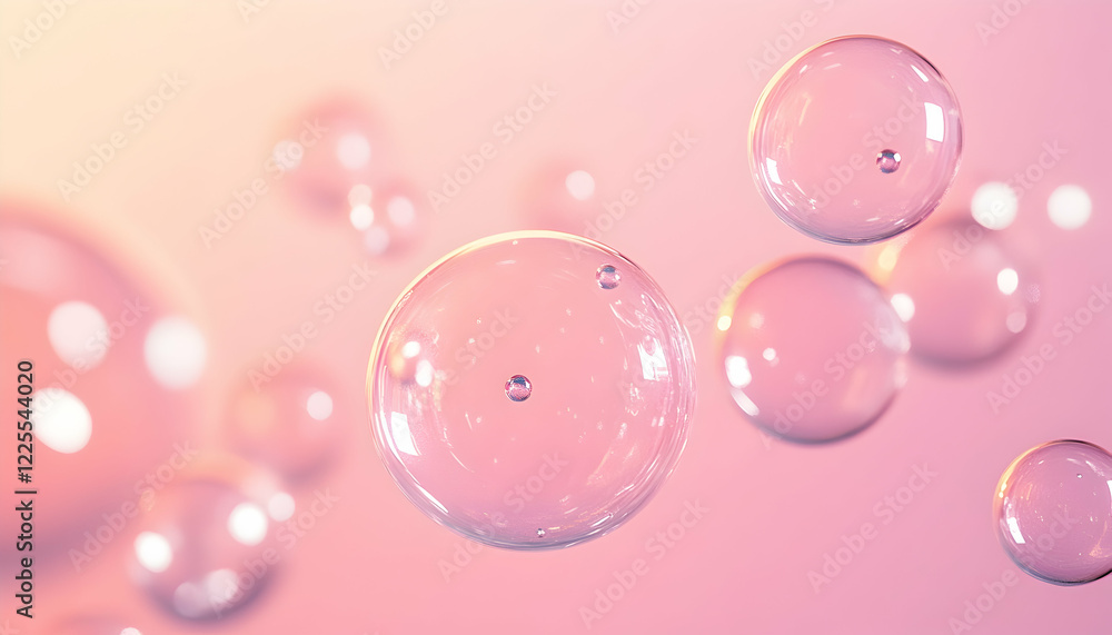 Transparent soap bubbles floating against a pastel pink background for a light and clean look - Transparent soap bubbles floating against a pastel pink background for a light and clean look -