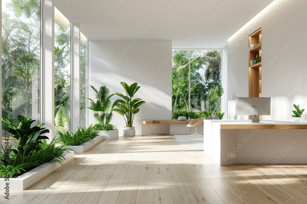 Naklejka premium Bright and airy Scandinavian office featuring open spaces, simple furniture, and lush plants enhancing productivity