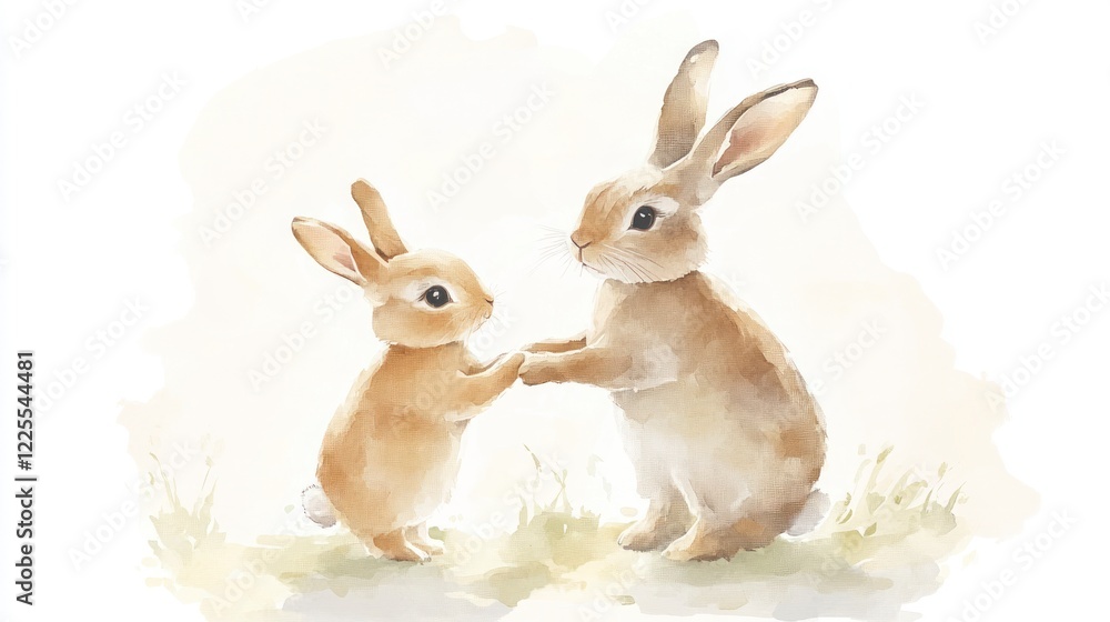 Obraz premium Watercolor, cute and adorable baby bunny standing next to mother rabbit, holding hands. Clipart vector illustration on a white background, with a soft beige color tone