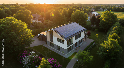 Aerial View of Modern House with Solar Panels at Sunset