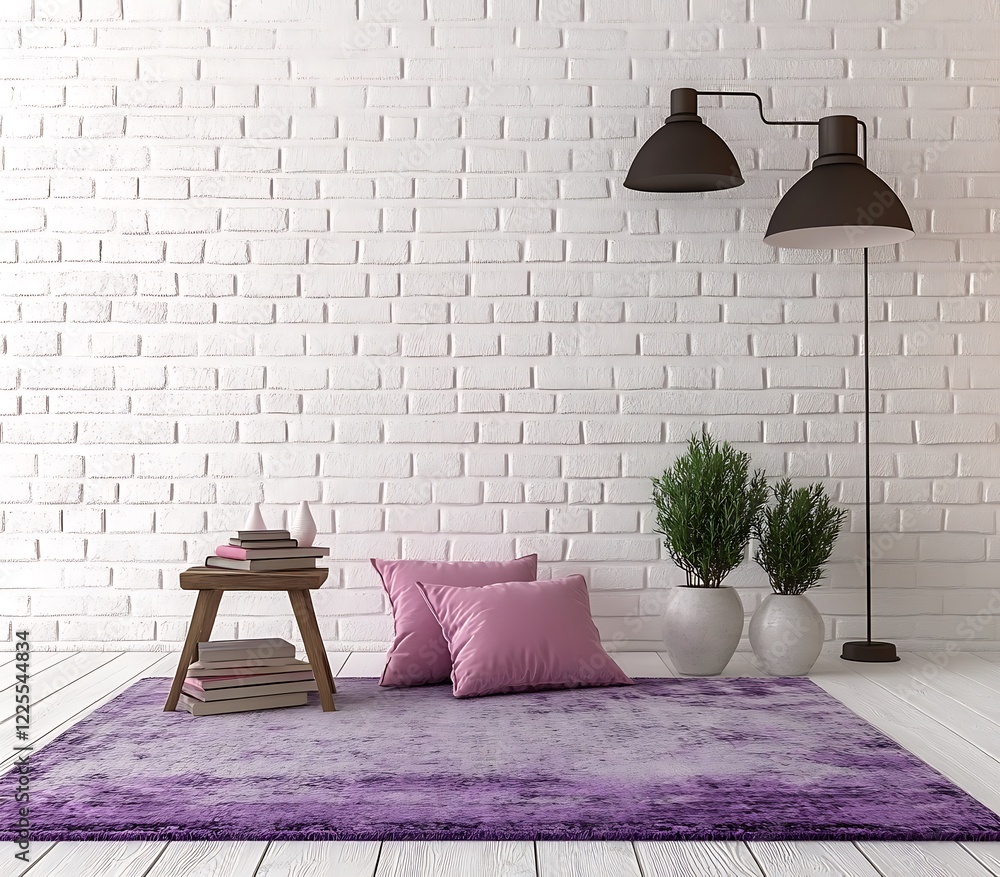 Naklejka premium Minimalist living room with a white brick wall, dark metal lamp shades, a wooden stool with books and pink pillows, and a purple rug