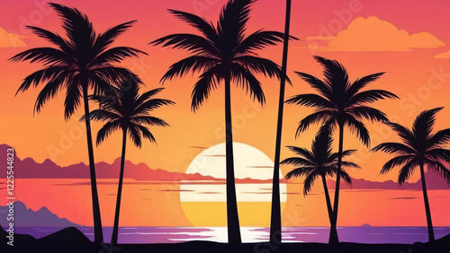A mesmerizing Tropical Sunset showcasing silhouettes of Palm Trees against Vibrant Colors
