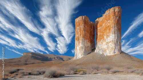 Desert twin rock formations, dramatic sky, travel poster photo