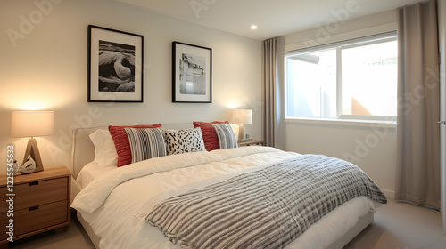 Two picture frames hung landscape orientation in a clean white bedroom, at the same height, with nice lighting  -