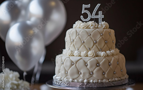 Elegant 54th birthday cake with silver accents and balloons, marking a memorable milestone photo