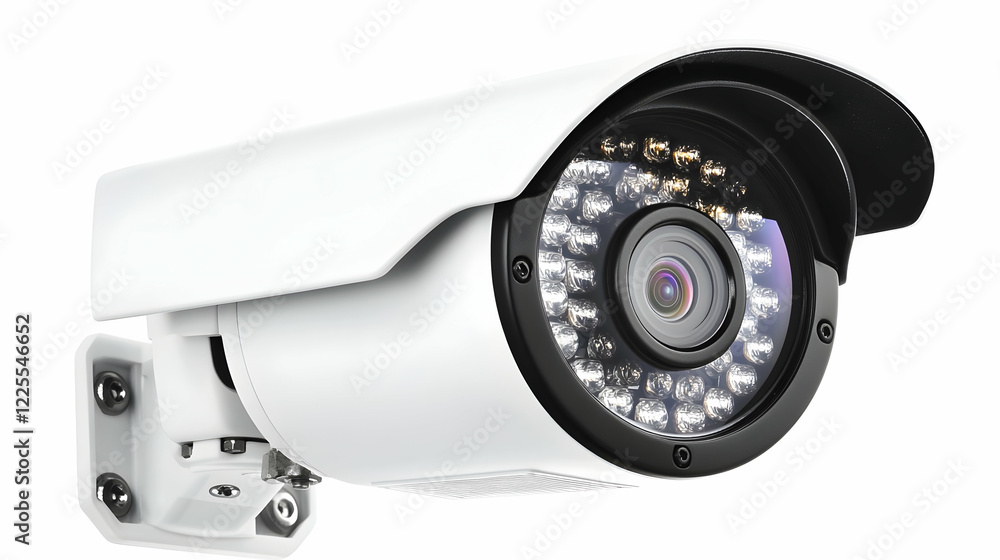 Modern wireless security camera with motion detection and weatherproof design, white background Modern wireless security camera with motion detection and weatherproof design, white background
