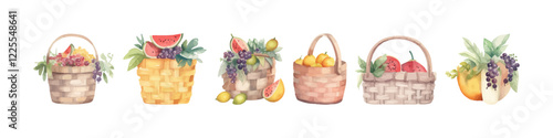 Wicker basket with vegetables. Thanksgiving day illustration set. Harvest day. Watercolor collection.