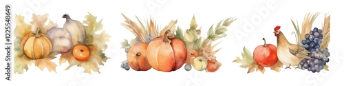 Wicker basket with vegetables. Thanksgiving day illustration set. Harvest day. Watercolor collection.