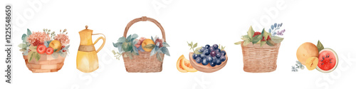 Wicker basket with vegetables. Thanksgiving day illustration set. Harvest day. Watercolor collection.