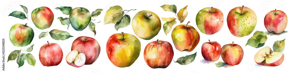 Set of watercolor apple. Hand drawn illustration.