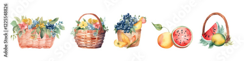 Wicker basket with vegetables. Thanksgiving day illustration set. Harvest day. Watercolor collection.