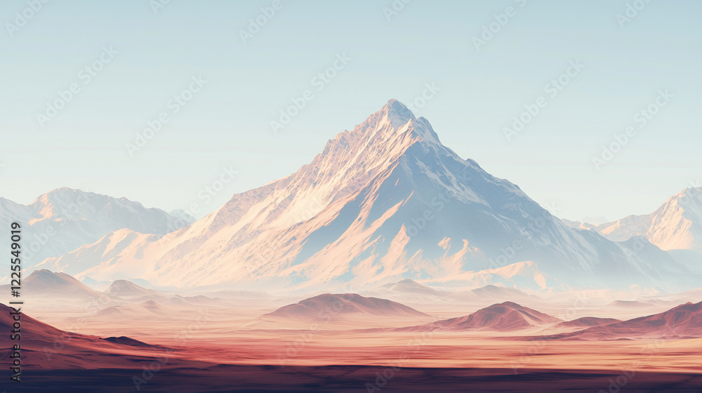 Majestic mountain peak towering over serene valleys, bathed in soft morning light, with distant ranges Majestic mountain peak towering over serene valleys, bathed in soft morning light, with distant ranges