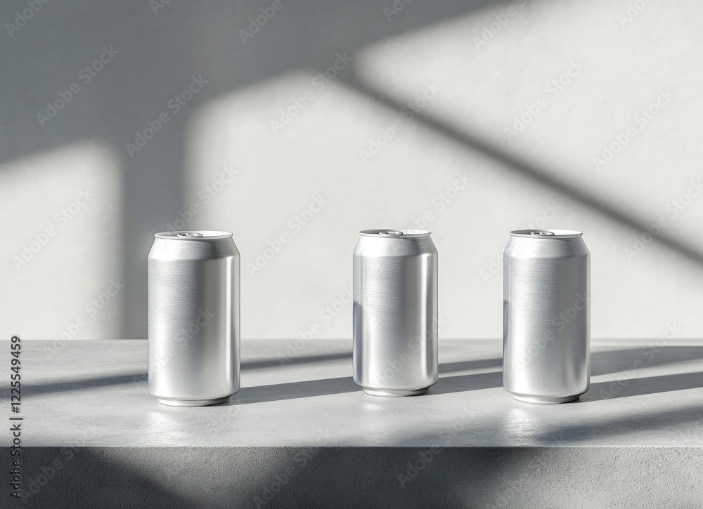 Design an ultra-realistic, monochromatic still life composition featuring three blank silver beer cans arranged on a concrete surface with soft shadows and natural lighting. 