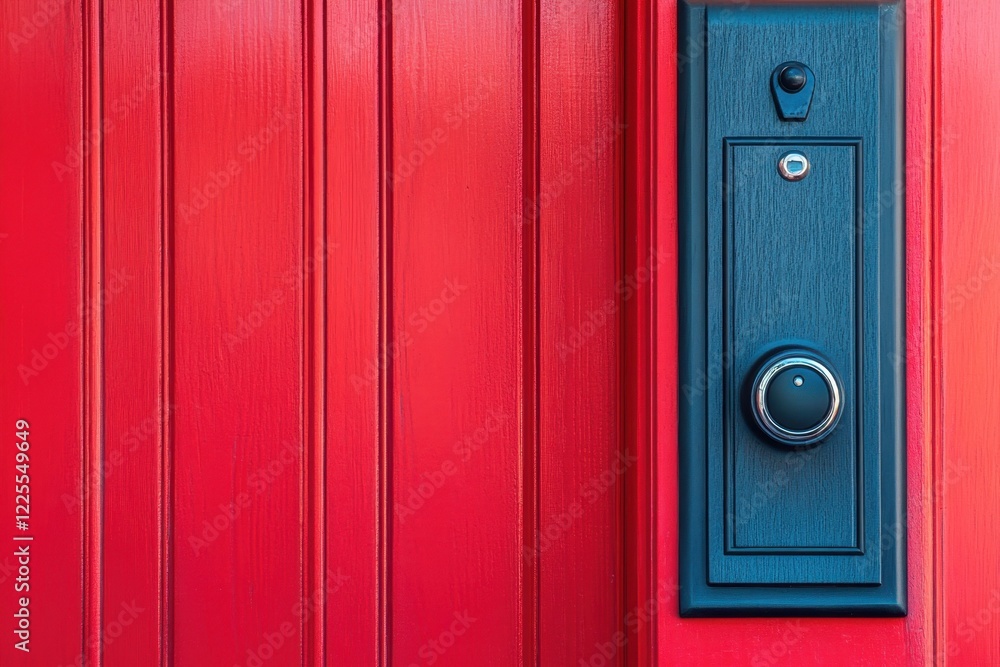 Fototapeta premium Bright red door with modern doorbell and doorknob in a residential setting