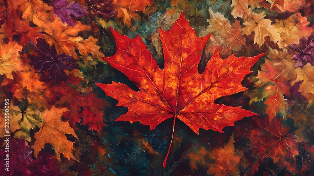 Vibrant Red Maple Leaf Among a Colorful Autumn Background