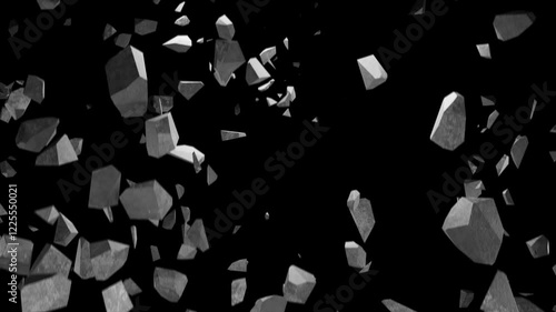 Falling concrete debris. Cement wall destruction. Destruction screensaver. Explosions and destruction in the middle of a concrete wall. Concrete wall destruction animation. Black and white mask.