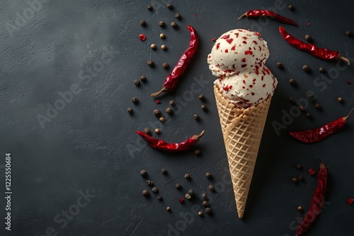Spicy ice cream cone with red chili flakes and peppercorns on dark background - a unique culinary fusion in food photography