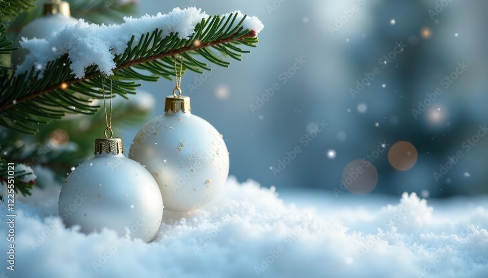 White glass ornaments hanging from a fir branch placed on the snowy border, sparkling, firm White glass ornaments hanging from a fir branch placed on the snowy border, sparkling, firm