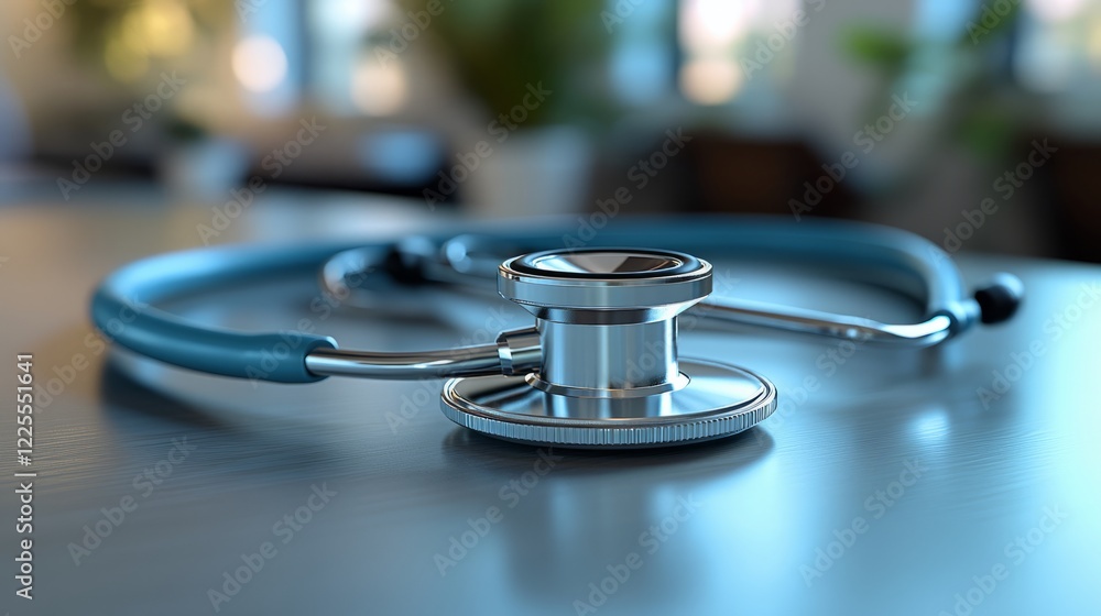 A stethoscope lies on a wooden table, reflecting gentle sunlight in a serene healthcare setting A stethoscope lies on a wooden table, reflecting gentle sunlight in a serene healthcare setting