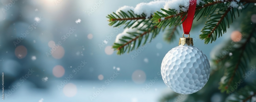 Obraz premium White golf ball ornament hanging from a red ribbon in winter branch, Ball ornaments, Red ribbon, Winter decorations