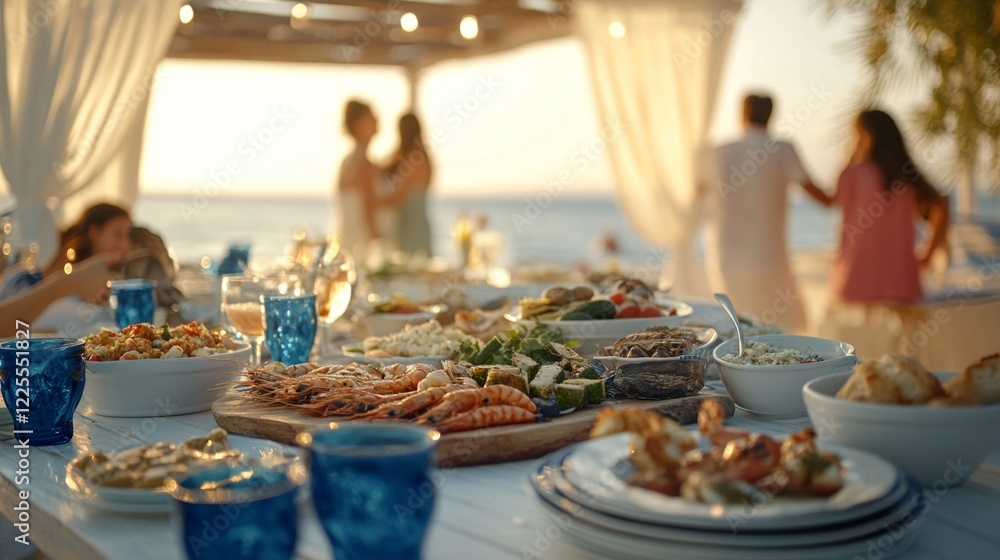 Elegant beachside dining with gourmet seafood buffet at sunset gathering Elegant beachside dining with gourmet seafood buffet at sunset gathering