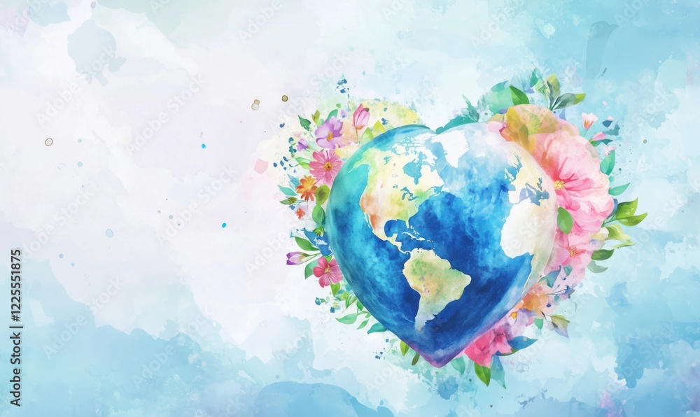 Heart-shaped Earth surrounded by vibrant flowers and soft watercolor background, symbolizing love for the planet and nature Heart-shaped Earth surrounded by vibrant flowers and soft watercolor background, symbolizing love for the planet and nature